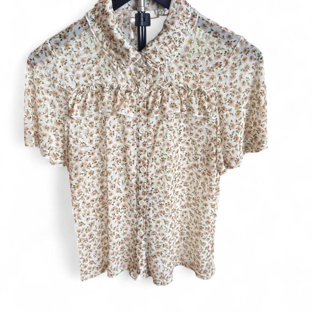 Floral sheer fairy mesh vintage blouse with ruffle collar Size Medium